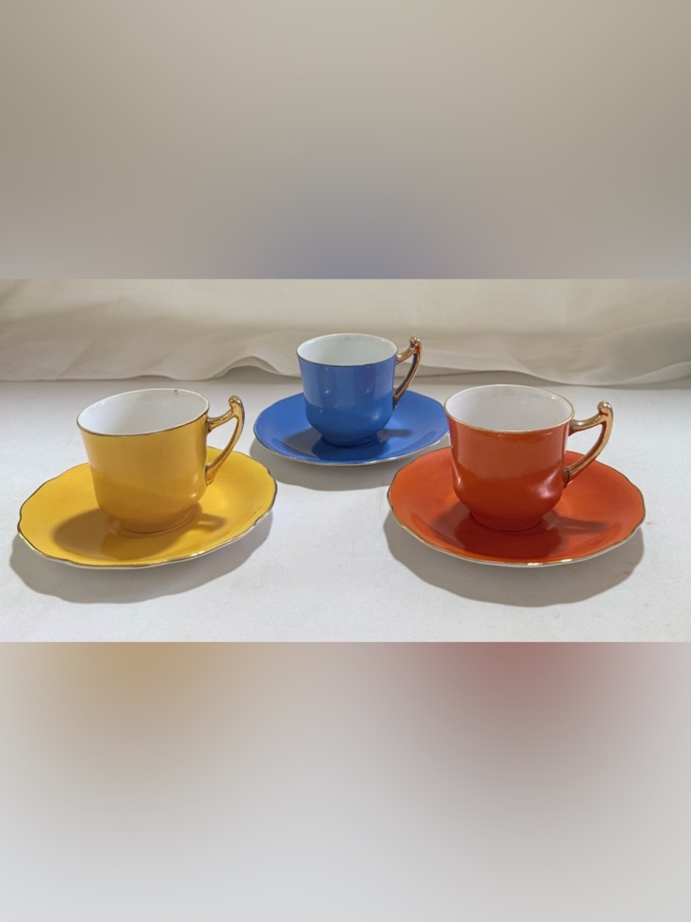 Vintage Lot of 3 Gold Castle Made In Japan Tea Cups Yellow Orange Blue Rare Sets